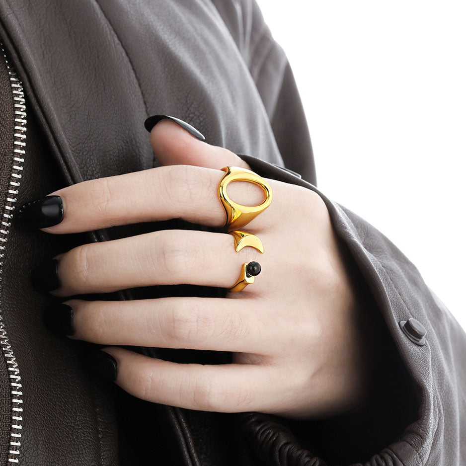 Black Agate Crescent Moon Ring